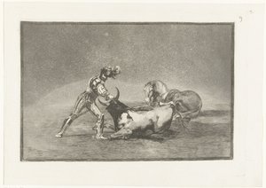 Spanse Ridder doodt een stier يقتل فارس إسباني ثورًا بعد أن فقد حصانه Stierenvechten (عنوان السلسلة) La Tauromaquia (عنوان السلسلة) بواسطة فرانسيسكو دي جويا