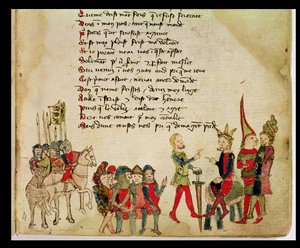 السيدة Est 27 W 8.17 f.4r Attila the Hun (c.406-453) في مناقشة مع أحد محاربيه ، من حرب أتيلا بقلم نيكولا دا كاسولا بواسطة مدرسة فرانكو الإيطالية