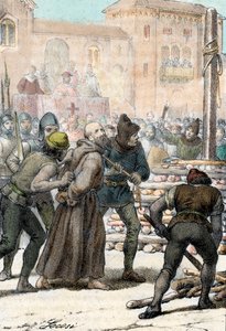 إعدام المصلح الديني الإيطالي Arnaldo da Brescia (Arnaud de Brescia) (1100-1155) في 18 يونيو 1155 (حرق الكنسي الإيطالي العادي Arnold (Arnaldus) في Brescia ، يونيو 1155) نقش من "I misteri del vaticano" بقلم فرانكو ميسترالي 1861 Pri