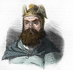 صورة لأتيلا (395-453) ملك الهون - رسم من "أنا مستيري ديل فاتيكانو" بقلم فرانكو ميسترالي 1843