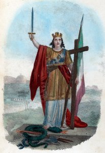 Risorgimento: تمثيل رمزي لإيطاليا المنتصرة واقفة على ثعبان الكنيسة الفاسدة ويرتفع سيفًا بصليب وعلم ، ورموز للارتقاء السياسي والديني والمدني) Frontispice tyre de "" I misteri del vaticano "" للأب بواسطة فرانكو ميسترالي