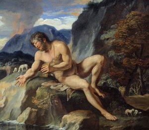 Polypheme the cyclops with Pan flute ، تفاصيل "" Acis and Galatee "" "الحورية Galatee و Acis ، تمت ملاحظتها من قبل Cyclops Polypheme ، غيورًا من حبهم المثالي. وفقًا لـ "Metamorphoses" أوفيد. لوحة فرانسوا بيرييه (1590-1650
