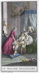 المريض الوهمي. قطعة مسرحية لجين بابتيست بوكلين ديت موليير (1622-1673). نقش في "المريض الوهمي" لتي دي ماري بعد باوتشر. بواسطة فرانسوا (بعد) باوتشر