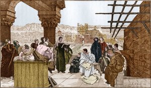 بيير أبيلارد أو أبيلارد (1079-1142) ، فيلسوف وعالم لاهوت فرنسي ومدرسته على جبل سانت جينيفيف. من اللوحة الجصية لفرانسوا فلامنج.