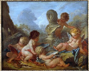 Allegorie des Arts خمسة هواة صغار مرتبطة بفنون مختلفة (نحت ، رسم ...) لوحة لفرانسوا باوتشر (1703-1770) تروا في القرن الثامن عشر ، متحف الفنون الجميلة - رمزية للفنون. خمسة كيوبيد صغيرة مرتبطة بفنون مختلفة (النحات بواسطة فرانسوا باوتشر
