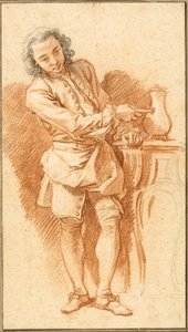 دراسة لخادم مع إبريق قهوة، حوالي عام 1739 (طباشير أحمر، مع طباشير أسود، ولمسات من الجرافيت، مع لمسات من الطباشير الأبيض، على ورق مصقول باللون البرتقالي) بواسطة فرانسوا باوتشر