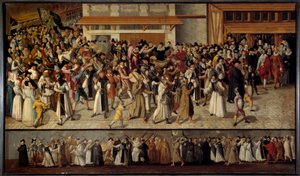 Religious wars between Catholics and Protestants: “” Procession of the League to leave Notre Dame on the island of La Cite in 1593”. Painting by Francois II Bunel (1522-1599)