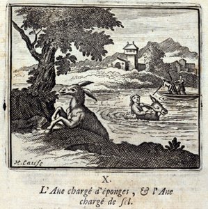 الحمير من الإسفنج وكميات الملح الحمير. أساطير جان دي لافونتين (1621-95). رسم توضيحي لفرانسوا تشوفو (1613-1676). طبعة 1728. بواسطة فرانسوا شوفو