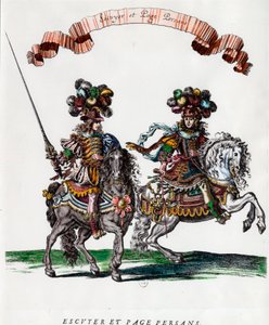 Ecuyer والصفحة الفارسية أثناء العرض الدائري الذي قدمه الملك لويس الرابع عشر (1639-1715) نقش لفرانسوا شوفو (1613-1676) حوالي عام 1662 مجموعة خاصة بواسطة فرانسوا شوفو