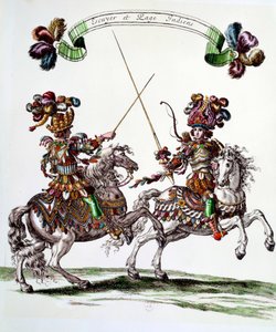 Ecuyer الهندي وصفحة أثناء العرض الدائري الذي قدمه الملك لويس الرابع عشر (1638-1715) في عام 1662 إلى التويلري للاحتفال بميلاد دوفين. نقش لفرانسوا شوفو (1613-1676) مجموعة خاصة من القرن السابع عشر