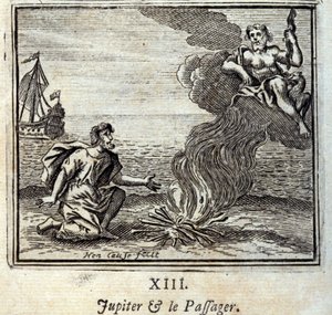 كوكب المشتري والراكب. أساطير جان دي لافونتين (1621-95). رسم توضيحي لفرانسوا تشوفو (1613-1676). طبعة 1728. بواسطة فرانسوا شوفو