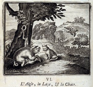 L'Aigle la Laie et la Chatte. أساطير جان دي لافونتين (1621-1695). رسم توضيحي لفرانسوا تشوفو (1613-1676). طبعة 1728. بواسطة فرانسوا شوفو
