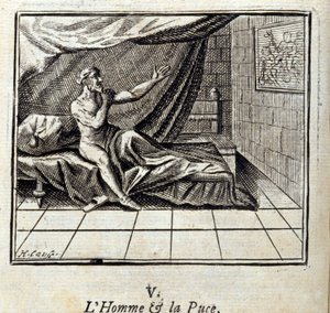 الرجل والبراغيث. أساطير جان دي لافونتين (1621-95). رسم توضيحي لفرانسوا تشوفو (1613-1676). طبعة 1728. بواسطة فرانسوا شوفو