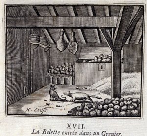 دخل La Weasette إلى Grenier. أساطير جان دي لافونتين (1621-95). رسم توضيحي لفرانسوا تشوفو (1613-1676). طبعة 1728. بواسطة فرانسوا شوفو