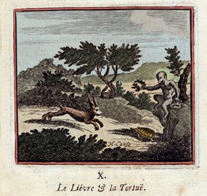 Le Lievre et la Tortue - خرافات لجين دي لافونتين (1621-1695) - رسم توضيحي بقلم فرانسوا شوفو (1613-1676) - طبعة 1728 بواسطة فرانسوا شوفو