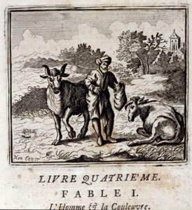 رجل وثعبان. أساطير جان دي لافونتين (1621-95). رسم توضيحي لفرانسوا تشوفو (1613-1676). طبعة 1728. بواسطة فرانسوا شوفو