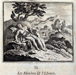 الأعضاء والمعدة. أساطير جان دي لافونتين (1621-95). رسم توضيحي لفرانسوا تشوفو (1613-1676). طبعة 1728. بواسطة فرانسوا شوفو