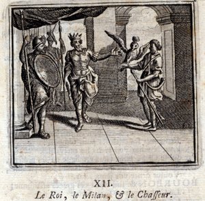 ميلان الملك والصياد. أساطير جان دي لافونتين (1621-95). رسم توضيحي لفرانسوا تشوفو (1613-1676). طبعة 1728. بواسطة فرانسوا شوفو