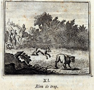 لا شيء أكثر من اللازم. أساطير جان دي لافونتين (1621-95). رسم توضيحي لفرانسوا تشوفو (1613-1676). طبعة 1728. بواسطة فرانسوا شوفو