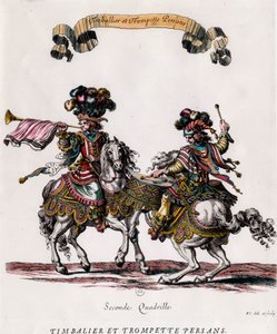آلة توقيت وبوق فارسية أثناء العرض الدائري الذي قدمه الملك لويس الرابع عشر (1639-1715) نقش بقلم فرانسوا شوفو (1613-1676) حوالي 1662 مجموعة خاصة بواسطة فرانسوا شوفو