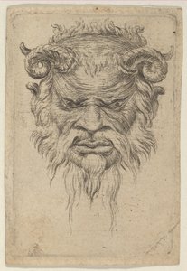 قناع ساتير بقرون ملتفة تطل إلى الأسفل ، من Divers Masques ، كاليفورنيا. 1635-45. بواسطة فرانسوا شوفو