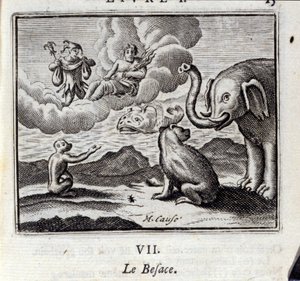 الحقيبة. أساطير جان دي لافونتين (1621-95). رسم توضيحي لفرانسوا تشوفو (1613-1676). طبعة 1728. بواسطة فرانسوا شوفو