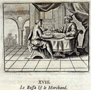 الباسا والتاجر. أساطير جان دي لافونتين (1621-95). رسم توضيحي لفرانسوا تشوفو (1613-1676). طبعة 1728. بواسطة فرانسوا شوفو