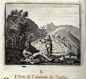 الدب والحديقة هواة. أساطير جان دي لافونتين (1621-95). رسم توضيحي لفرانسوا تشوفو (1613-1676). طبعة 1728. بواسطة فرانسوا شوفو