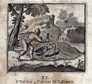 The Birdbird في جميع أنحاء و Alouette. أساطير جان دي لافونتين (1621-95). رسم توضيحي لفرانسوا تشوفو (1613-1676). طبعة 1728. بواسطة فرانسوا شوفو