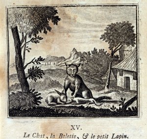 القط وابن عرس والأرنب الصغير. أساطير جان دي لافونتين (1621-95). رسم توضيحي لفرانسوا تشوفو (1613-1676). طبعة 1728.