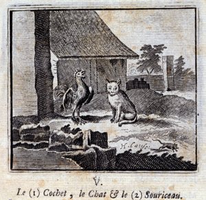 الكوشيت القط والفأر. أساطير جان دي لافونتين (1621-95). رسم توضيحي لفرانسوا تشوفو (1613-1676). طبعة 1728. بواسطة فرانسوا شوفو