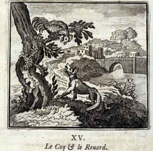 كوك والفوكس. أساطير جان دي لافونتين (1621-95). رسم توضيحي لفرانسوا تشوفو (1613-1676). طبعة 1728. بواسطة فرانسوا شوفو
