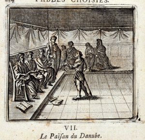 فلاح الدانوب. أساطير جان دي لافونتين (1621-95). رسم توضيحي لفرانسوا تشوفو (1613-1676). طبعة 1728. بواسطة فرانسوا شوفو