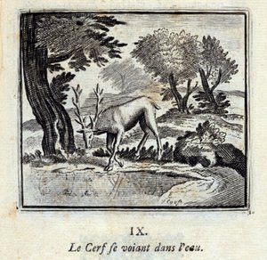 يرى الغزال نفسه في الماء. أساطير جان دي لافونتين (1621-95). رسم توضيحي لفرانسوا تشوفو (1613-1676). طبعة 1728. بواسطة فرانسوا شوفو