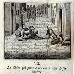 الكلب الذي يرتدي عشاء سيده عند رقبته. أساطير جان دي لافونتين (1621-95). رسم توضيحي لفرانسوا تشوفو (1613-1676). طبعة 1728. بواسطة فرانسوا شوفو