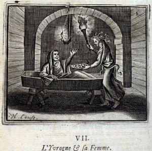 السكران وزوجته. أساطير جان دي لافونتين (1621-95). رسم توضيحي لفرانسوا تشوفو (1613-1676). طبعة 1728. بواسطة فرانسوا شوفو