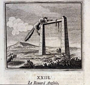 الثعلب الإنجليزي. أساطير جان دي لافونتين (1621-95). رسم توضيحي لفرانسوا تشوفو (1613-1676). طبعة 1728. بواسطة فرانسوا شوفو