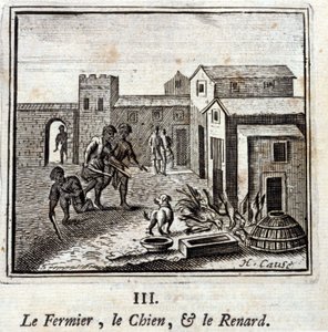 المزارع والكلب والثعلب. أساطير جان دي لافونتين (1621-95). رسم توضيحي لفرانسوا تشوفو (1613-1676). طبعة 1728. بواسطة فرانسوا شوفو