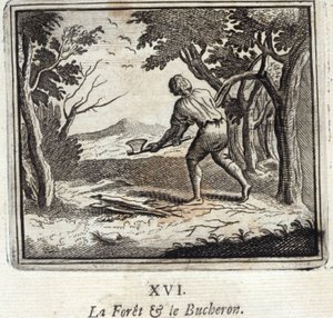 الغابة والحطاب. أساطير جان دي لافونتين (1621-95). رسم توضيحي لفرانسوا تشوفو (1613-1676). طبعة 1728. بواسطة فرانسوا شوفو