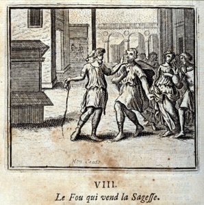 الفاو الذي يبيع الحكمة. أساطير جان دي لافونتين (1621-95). رسم توضيحي لفرانسوا تشوفو (1613-1676). طبعة 1728. بواسطة فرانسوا شوفو