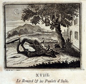 الثعلب والدجاج في الهند. أساطير جان دي لافونتين (1621-95). رسم توضيحي لفرانسوا تشوفو (1613-1676). طبعة 1728. بواسطة فرانسوا شوفو
