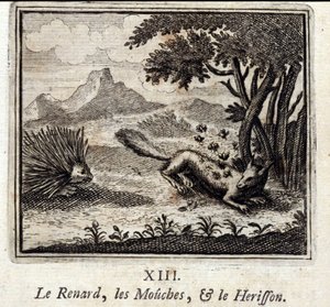 الثعلب والذباب وهريسون. أساطير جان دي لافونتين (1621-95). رسم توضيحي لفرانسوا تشوفو (1613-1676). طبعة 1728. بواسطة فرانسوا شوفو