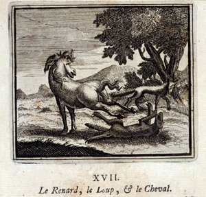 الثعلب والذئب والحصان. أساطير جان دي لافونتين (1621-95). رسم توضيحي لفرانسوا تشوفو (1613-1676). طبعة 1728.