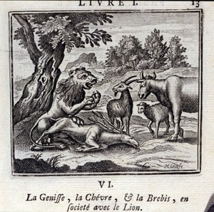 The Genisse the Gove and the Sheep في المجتمع مع الأسد. أساطير جان دي لافونتين (1621-95). رسم توضيحي لفرانسوا تشوفو (1613-1676). طبعة 1728. بواسطة فرانسوا شوفو