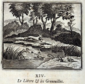 الليفر والضفادع. أساطير جان دي لافونتين (1621-95). رسم توضيحي لفرانسوا تشوفو (1613-1676). طبعة 1728. بواسطة فرانسوا شوفو