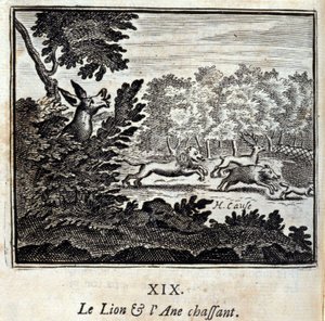 الأسد وصيد الحمير. أساطير جان دي لافونتين (1621-95). رسم توضيحي لفرانسوا تشوفو (1613-1676). طبعة 1728. بواسطة فرانسوا شوفو