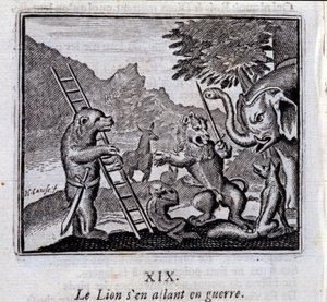 الأسد ذاهب للحرب. أساطير جان دي لافونتين (1621-95). رسم توضيحي لفرانسوا تشوفو (1613-1676). طبعة 1728. بواسطة فرانسوا شوفو