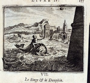 القرد والدوفين. خرافات لجين دي لافونتين (1621-95). رسم توضيحي لفرانسوا تشوفو (1613-1676). طبعة 1728. بواسطة فرانسوا شوفو