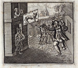 القرد والفهد. أساطير جان دي لافونتين (1621-95). رسم توضيحي لفرانسوا تشوفو (1613-1676). طبعة 1728. بواسطة فرانسوا شوفو