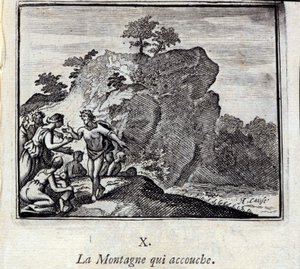 الجبل يلد. أساطير جان دي لافونتين (1621-95). رسم توضيحي لفرانسوا تشوفو (1613-1676). طبعة 1728. بواسطة فرانسوا شوفو